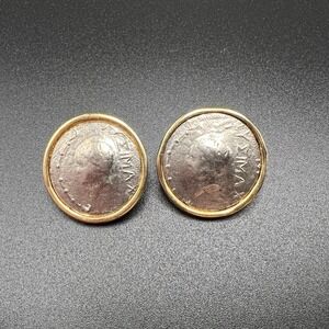Greek Roman Coin Earrings Two tone Vintage Style Stud Medallion Classic Timeless
